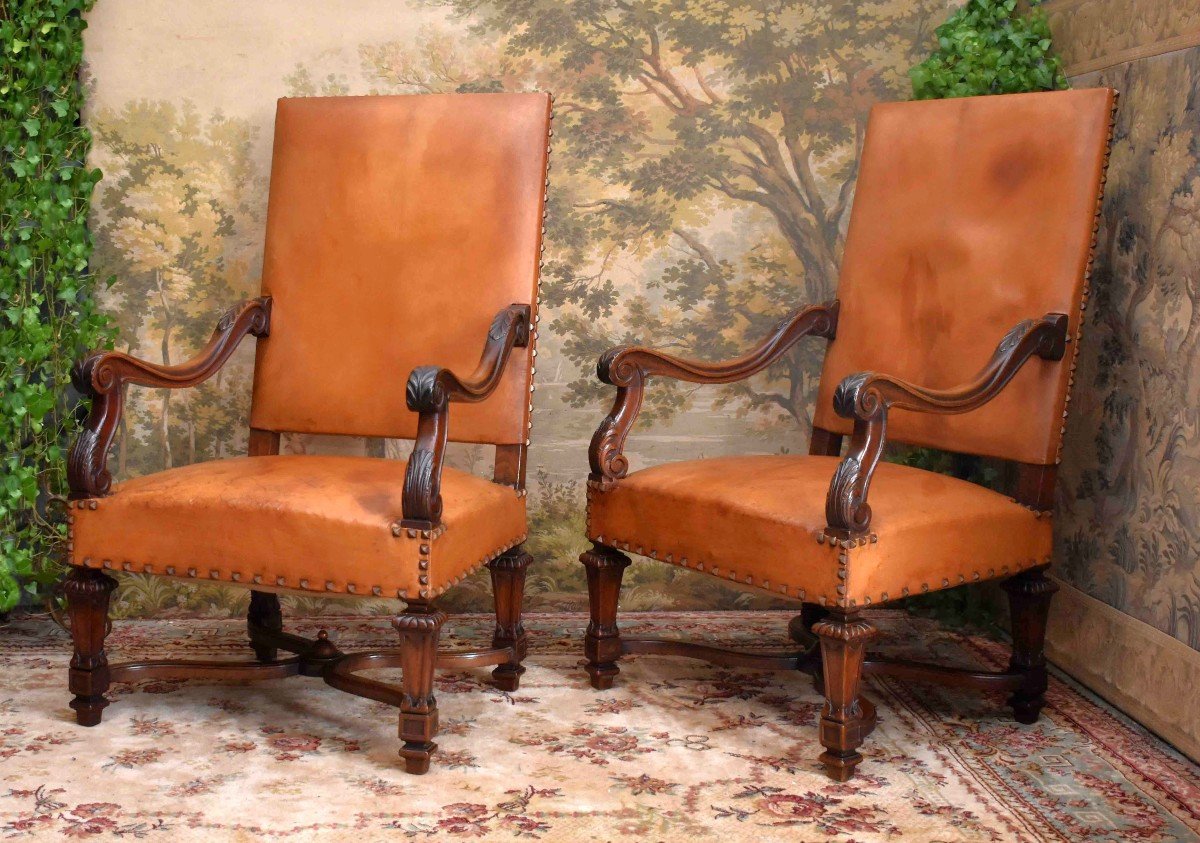 Pair Of Louis XIV Style Armchairs With Large Backs, Sheathed Legs, Leather Upholstery, 19th Century