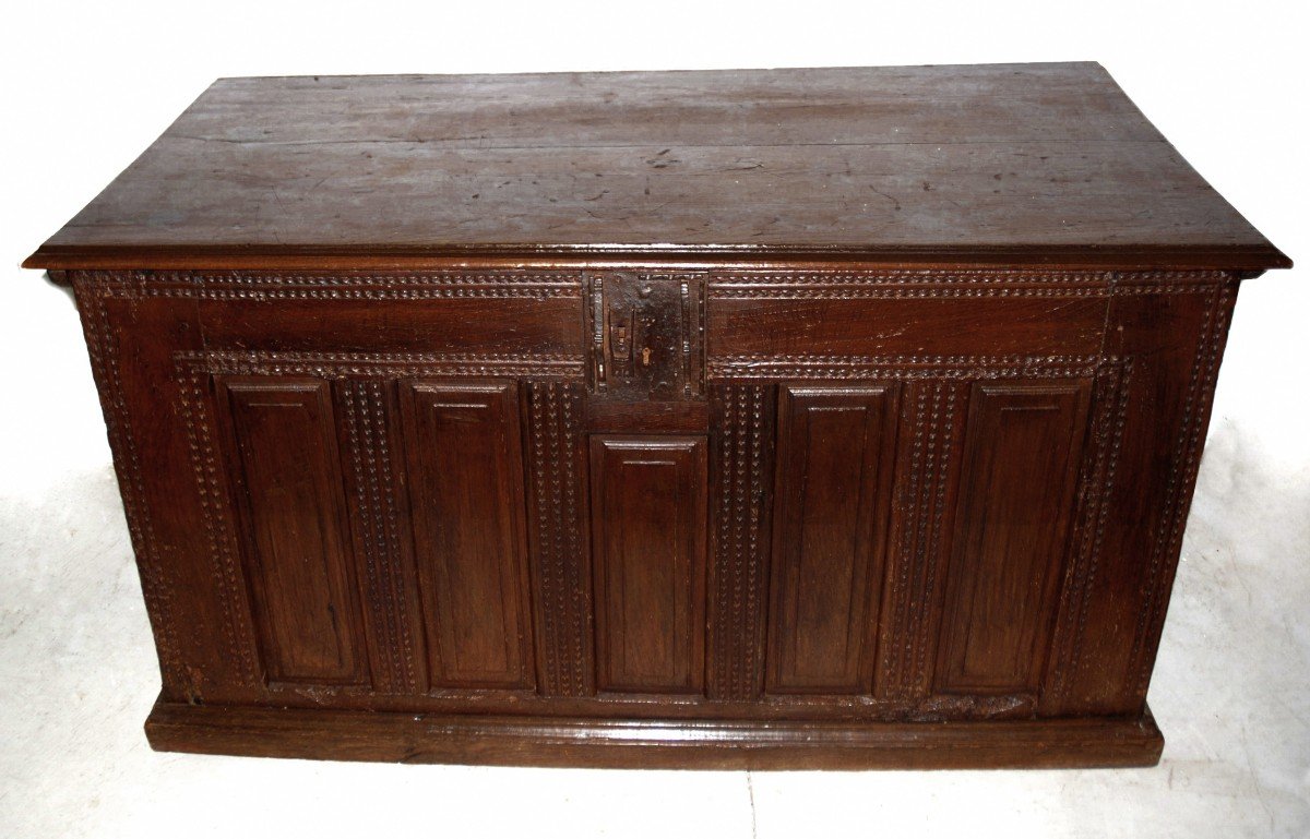 Large Oak Chest With Rectangular Panel Decor, With Lock, 16th Century -photo-2