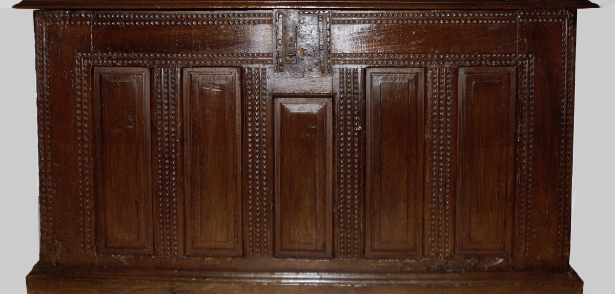 Large Oak Chest With Rectangular Panel Decor, With Lock, 16th Century -photo-4