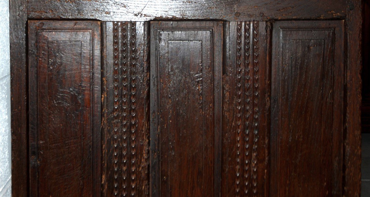 Large Oak Chest With Rectangular Panel Decor, With Lock, 16th Century -photo-5