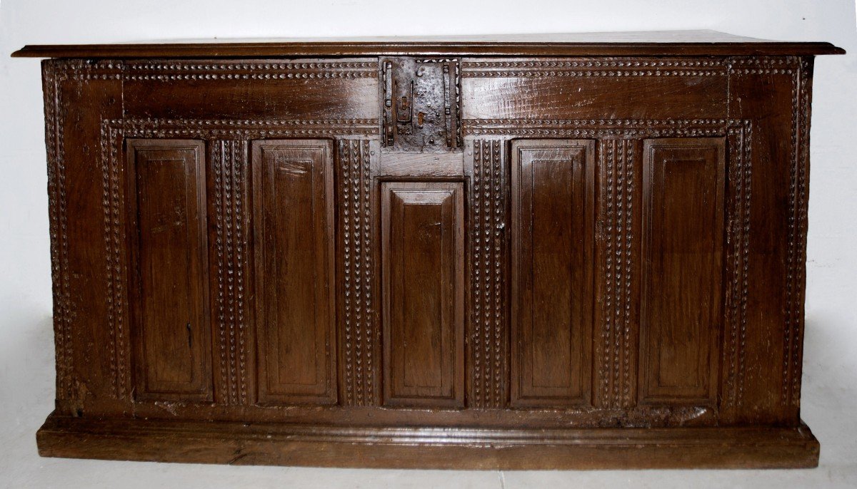 Large Oak Chest With Rectangular Panel Decor, With Lock, 16th Century 