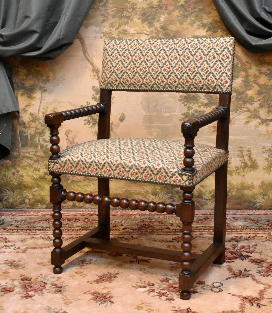 Louis XIII Armchair, 17th Century Walnut Armchair, Rosary Bead Work, -photo-2