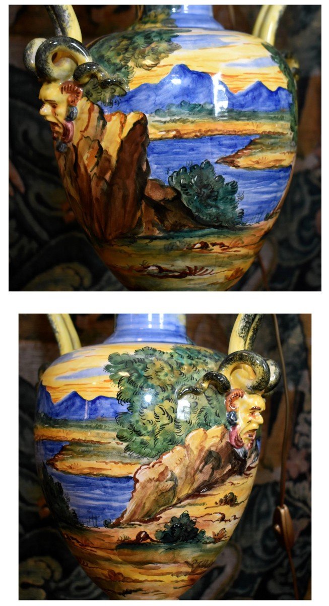 Large Italian Earthenware Lamp, Majolica In The Style Of Urbino, Antique Decor, Late 19th Century-photo-4