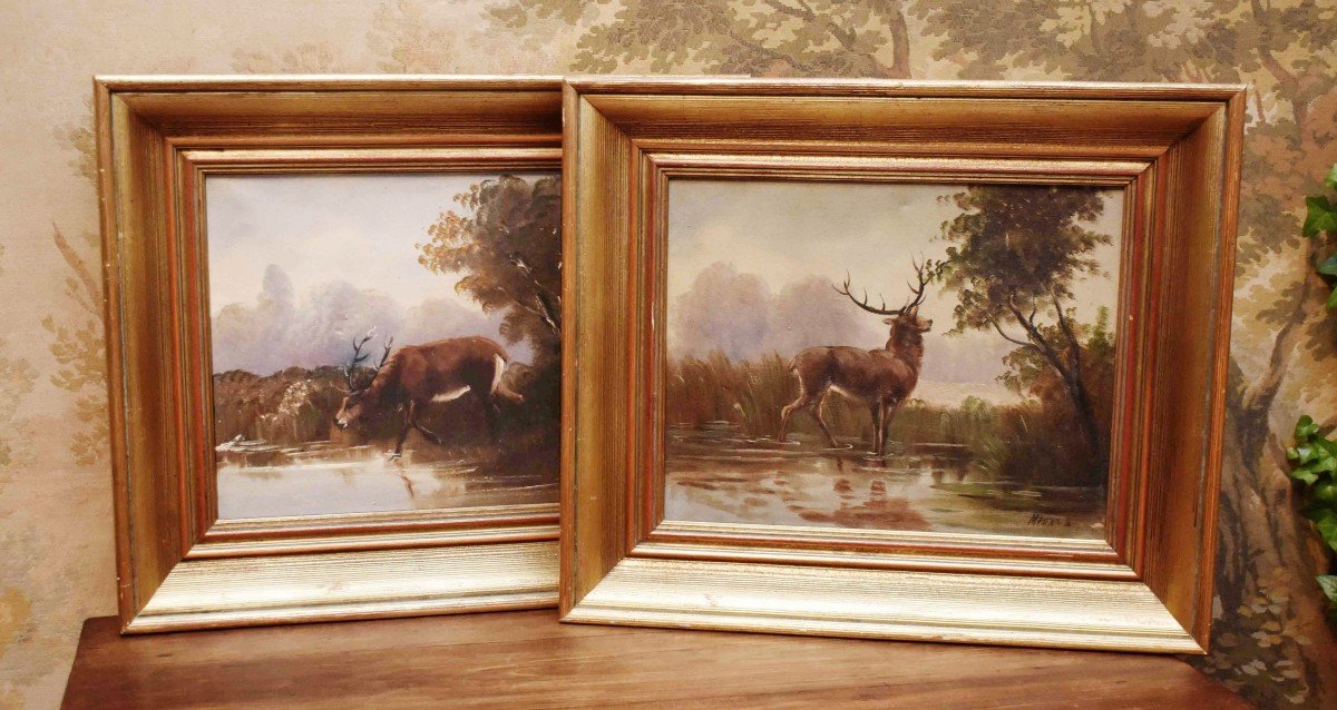 Paire De Tableaux,  Cerf S'abreuvant Dans Un étang, Paysages Encadrés, -photo-2