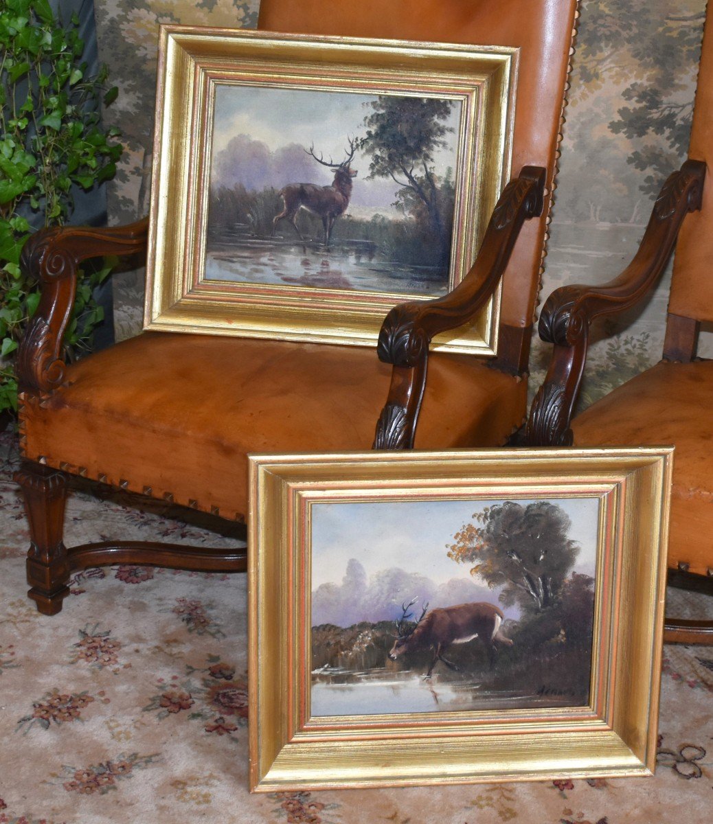 Paire De Tableaux,  Cerf S'abreuvant Dans Un étang, Paysages Encadrés, 