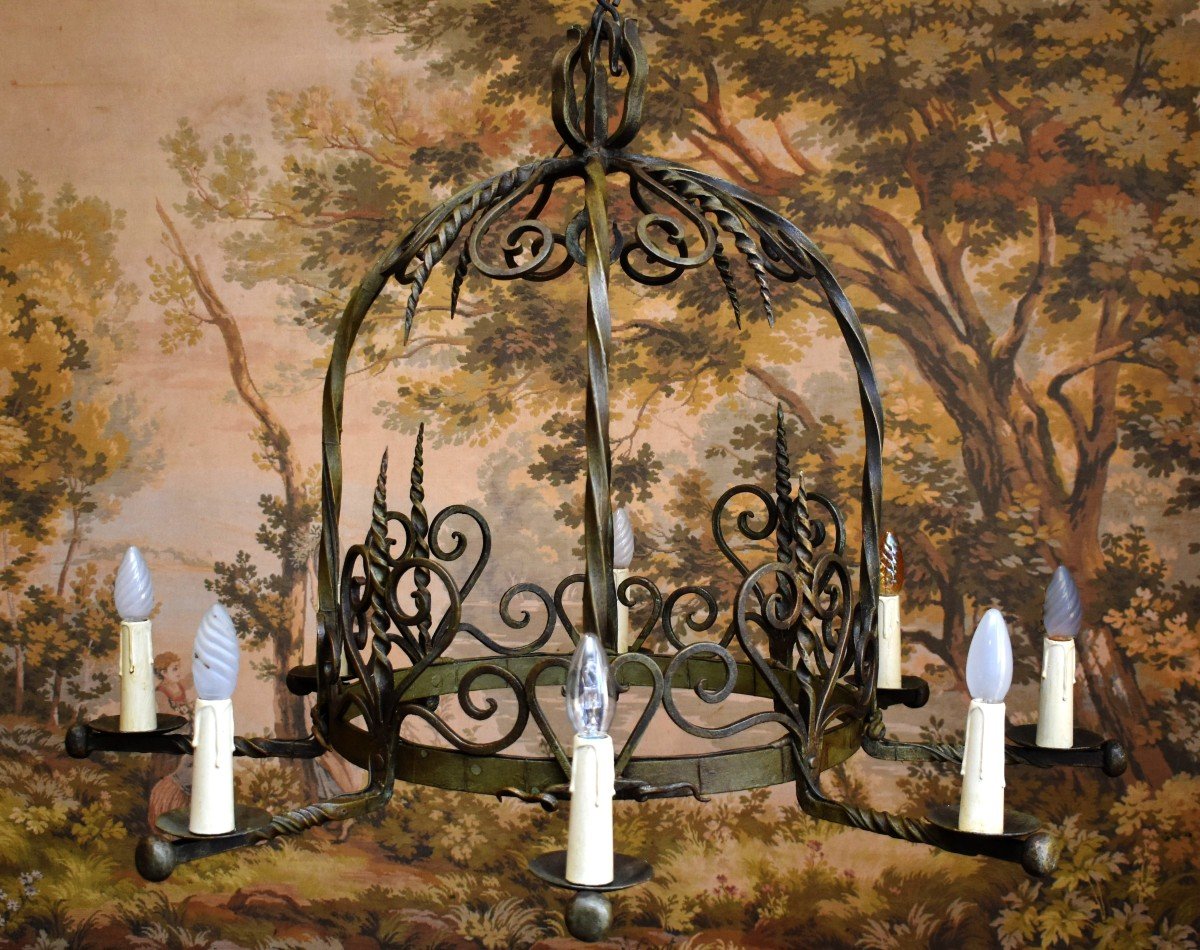 Grand Lustre cage - couronne en Fer Forgé  Laqué Vert à 8  Bras De Lumière,  style renaissance 