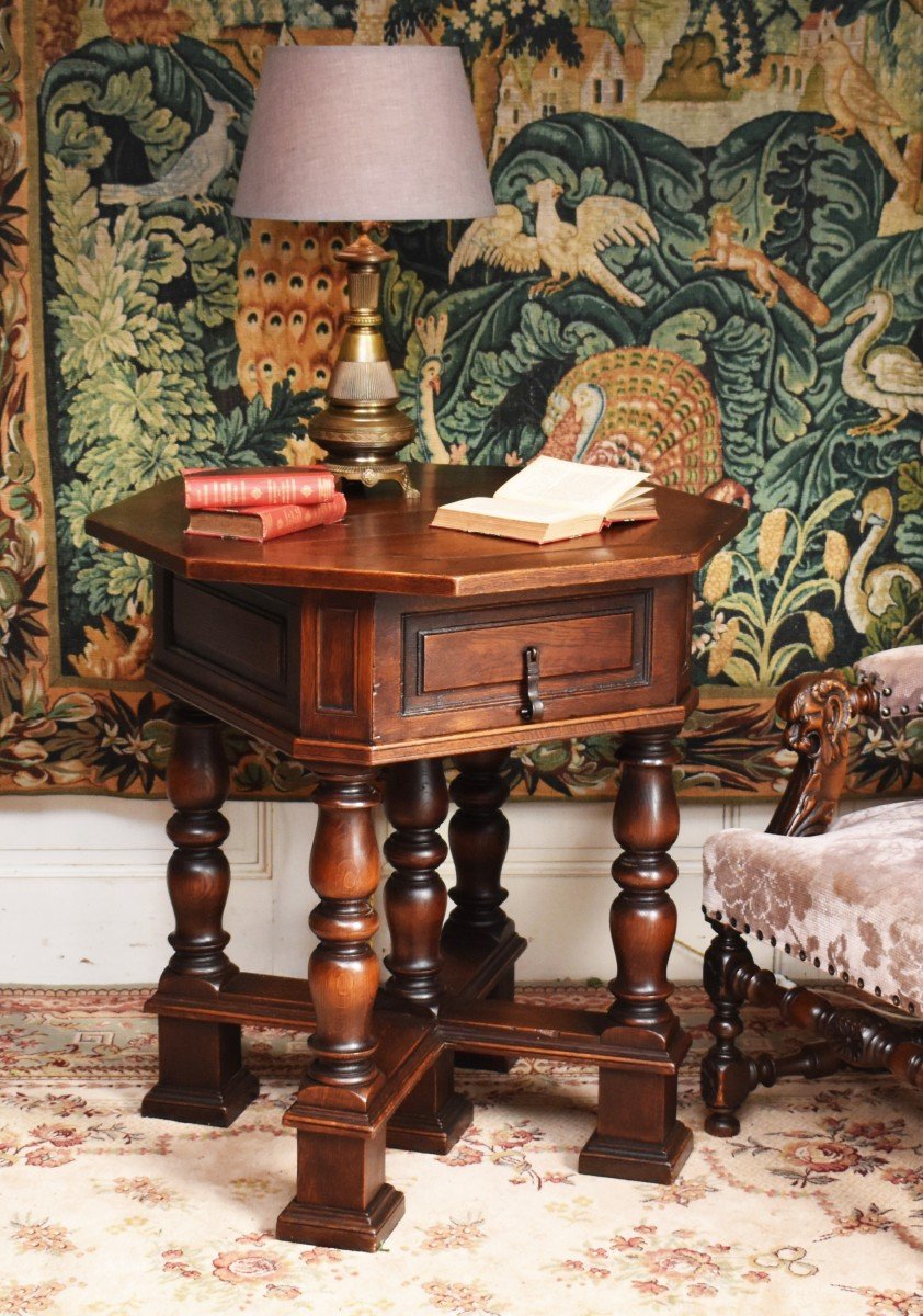 Octagonal Living Room Center Table, Haute Epoque-renaissance-louis XIII Style Pedestal Table -photo-2