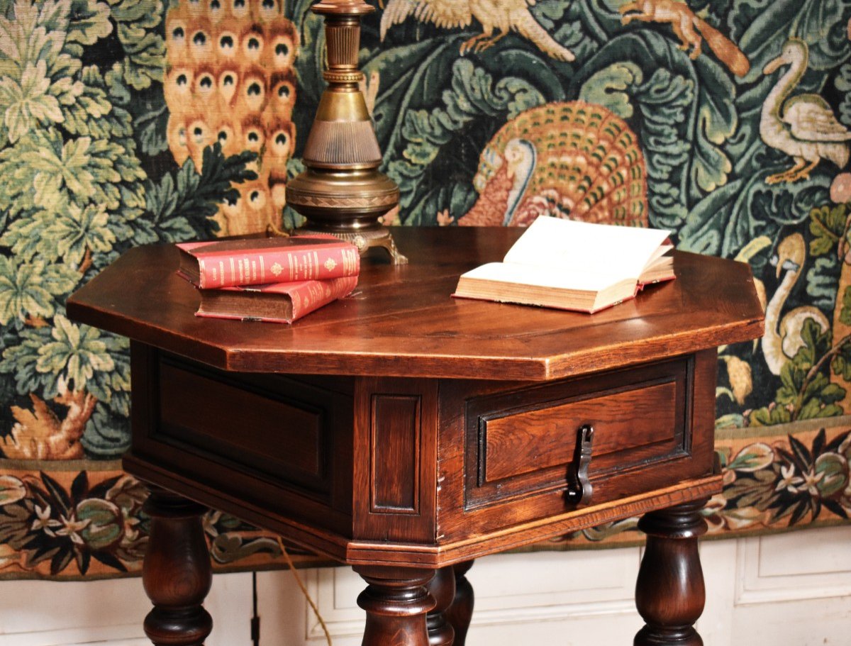 Octagonal Living Room Center Table, Haute Epoque-renaissance-louis XIII Style Pedestal Table -photo-1