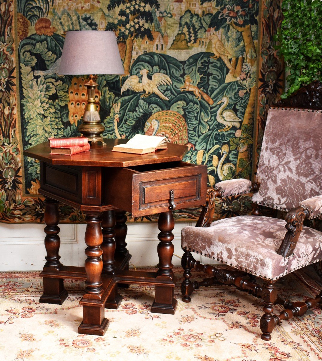 Octagonal Living Room Center Table, Haute Epoque-renaissance-louis XIII Style Pedestal Table -photo-8