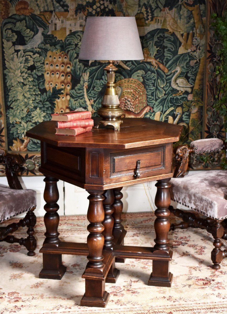 Octagonal Living Room Center Table, Haute Epoque-renaissance-louis XIII Style Pedestal Table 