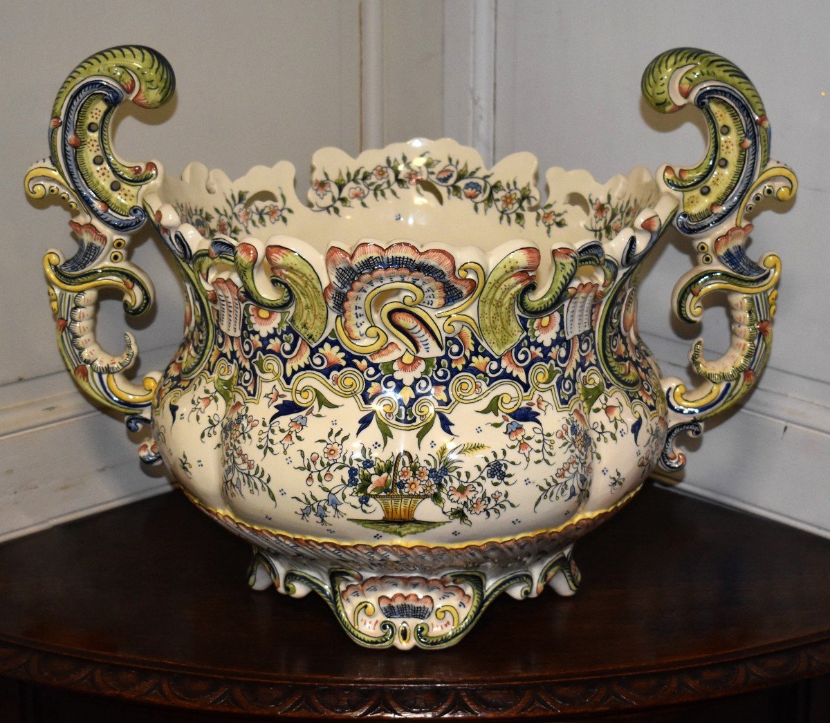 Important Desvres Earthenware Cache Pot, Rouen Decorated Bowl, Large Table Centerpiece -photo-3