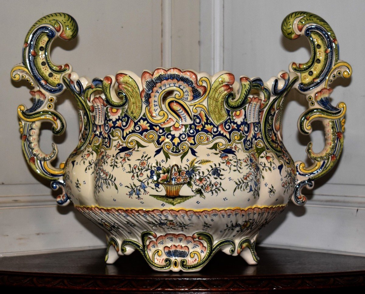 Important Desvres Earthenware Cache Pot, Rouen Decorated Bowl, Large Table Centerpiece -photo-1