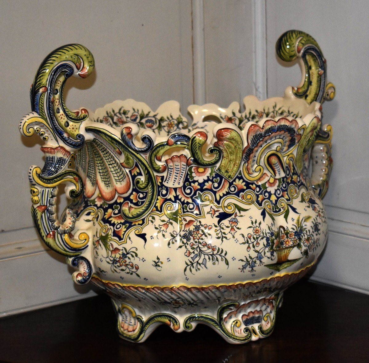 Important Desvres Earthenware Cache Pot, Rouen Decorated Bowl, Large Table Centerpiece -photo-2