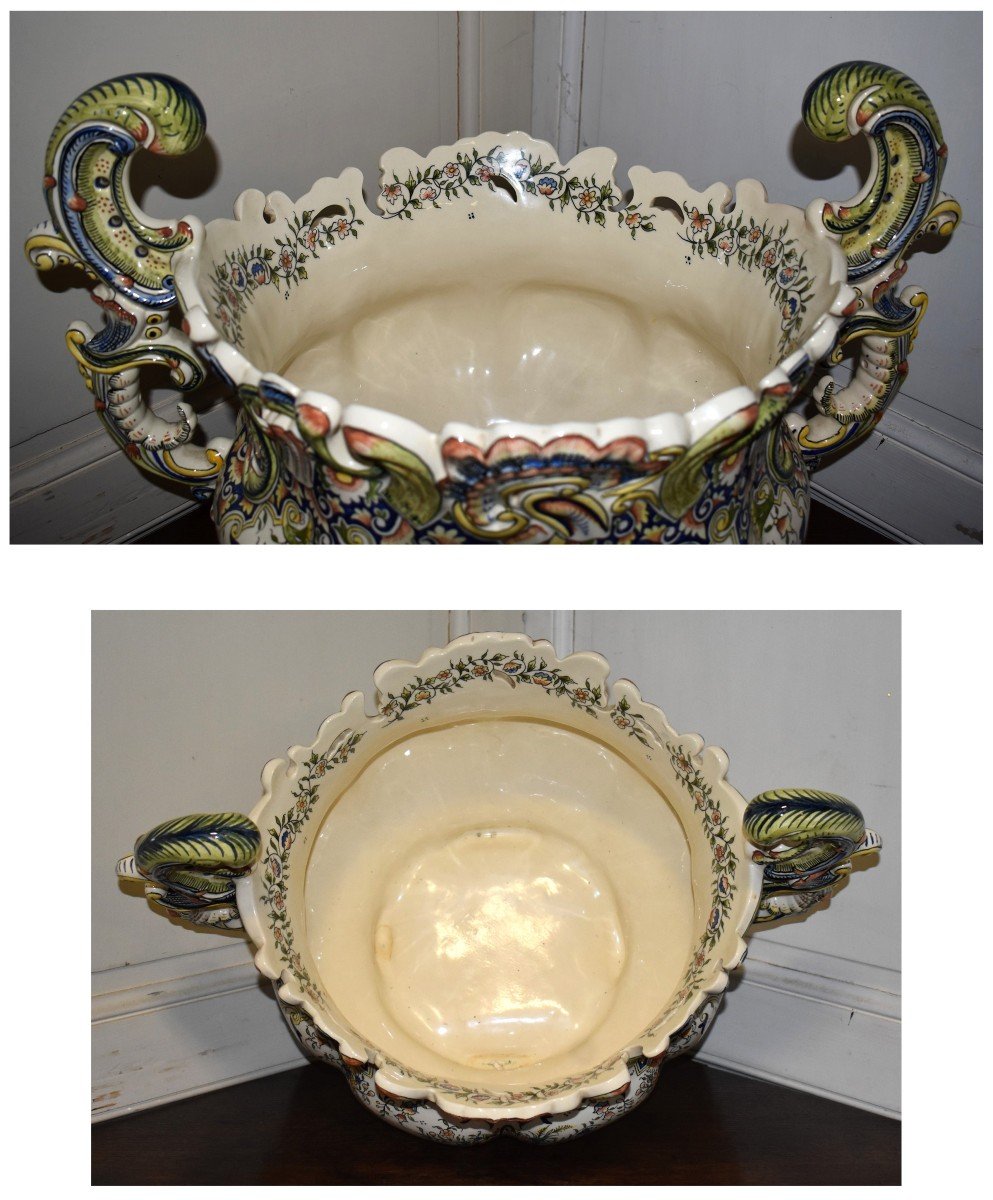 Important Desvres Earthenware Cache Pot, Rouen Decorated Bowl, Large Table Centerpiece -photo-6