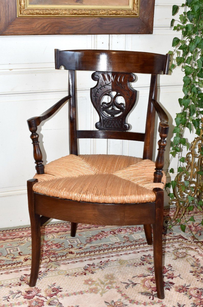 Fauteuil De Paille  Style Directoire, Assise Paillée , Dossier  à Bandeau Ajouré Et Sculpté-photo-3