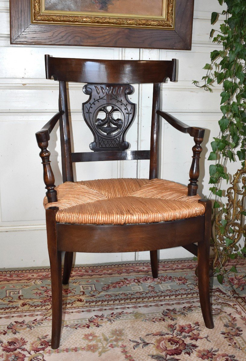 Fauteuil De Paille  Style Directoire, Assise Paillée , Dossier  à Bandeau Ajouré Et Sculpté-photo-4