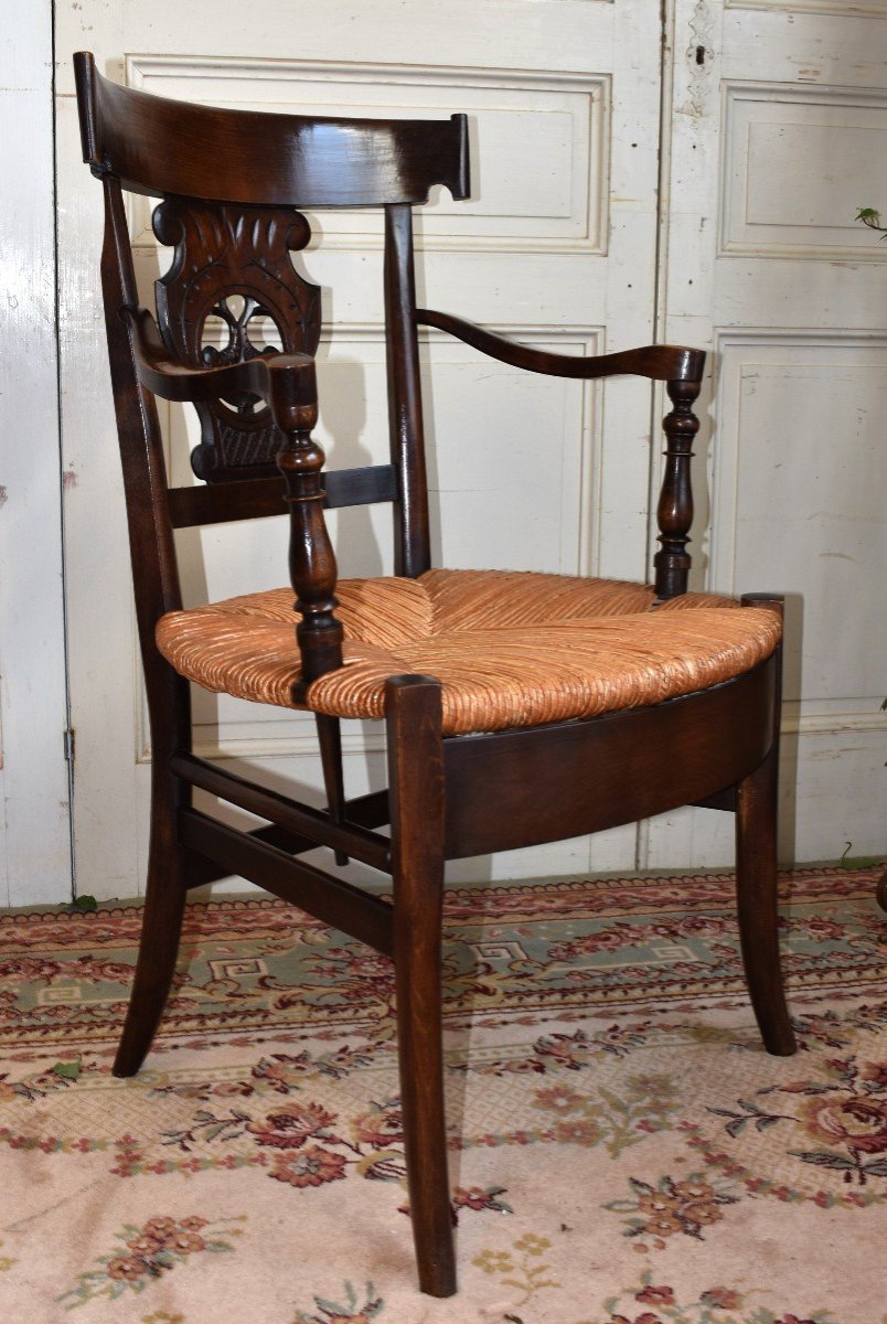 Fauteuil De Paille  Style Directoire, Assise Paillée , Dossier  à Bandeau Ajouré Et Sculpté-photo-1