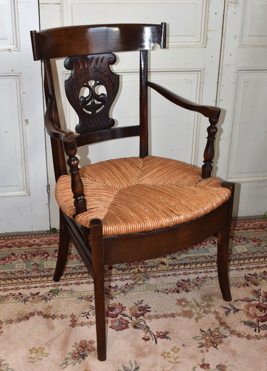 Fauteuil De Paille  Style Directoire, Assise Paillée , Dossier  à Bandeau Ajouré Et Sculpté-photo-2