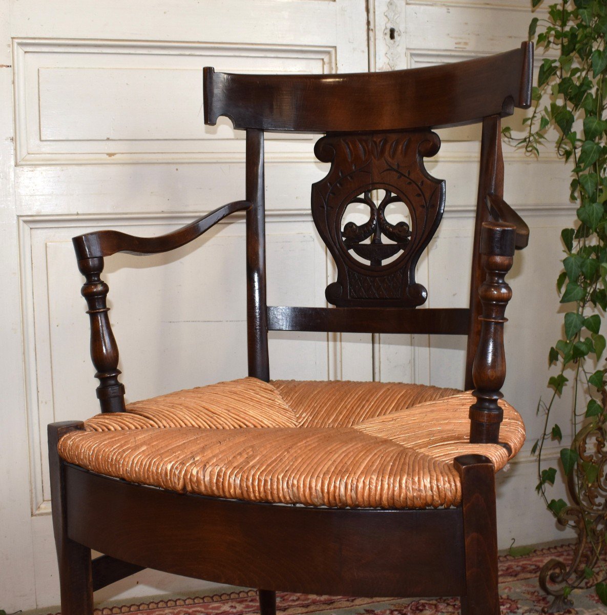 Fauteuil De Paille  Style Directoire, Assise Paillée , Dossier  à Bandeau Ajouré Et Sculpté-photo-5