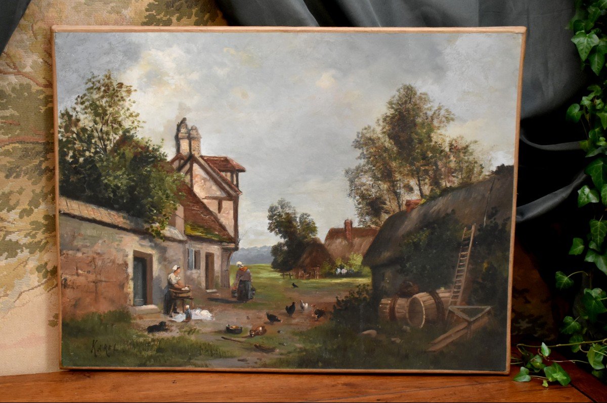 Karel. Painting Animated Scene Of Farmyard, Farmyard, Poultry And People, Countryside.-photo-3