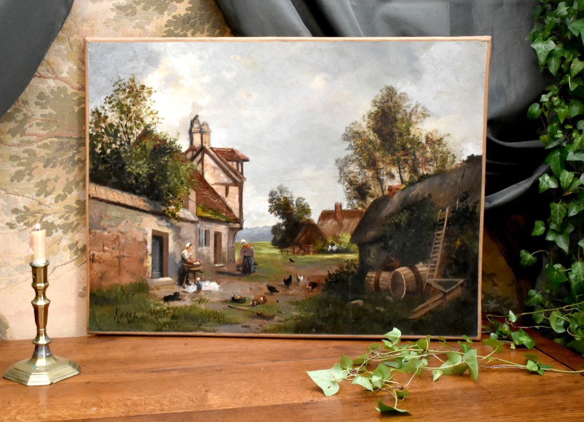 Karel. Painting Animated Scene Of Farmyard, Farmyard, Poultry And People, Countryside.-photo-2