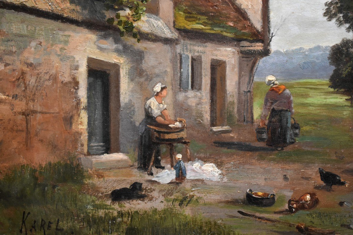 Karel. Painting Animated Scene Of Farmyard, Farmyard, Poultry And People, Countryside.-photo-1