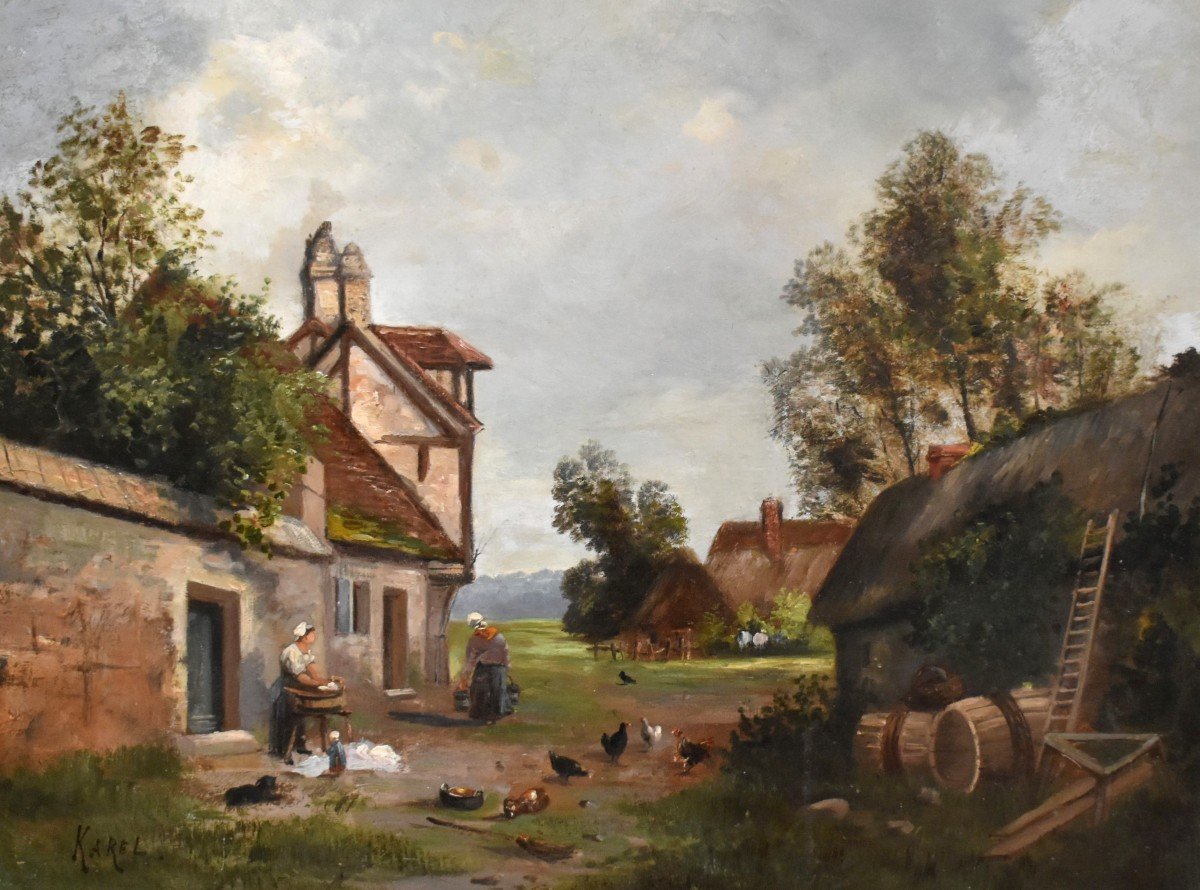 Karel. Painting Animated Scene Of Farmyard, Farmyard, Poultry And People, Countryside.