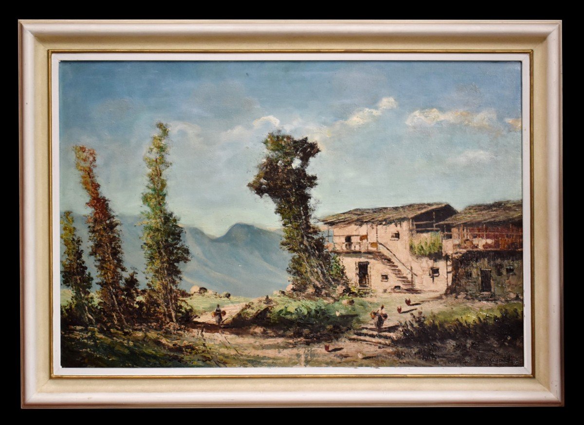 Percivaldi Ettoré, Large Painting Of An Animated Scene, Farmyard Against A Mountain Background-photo-2