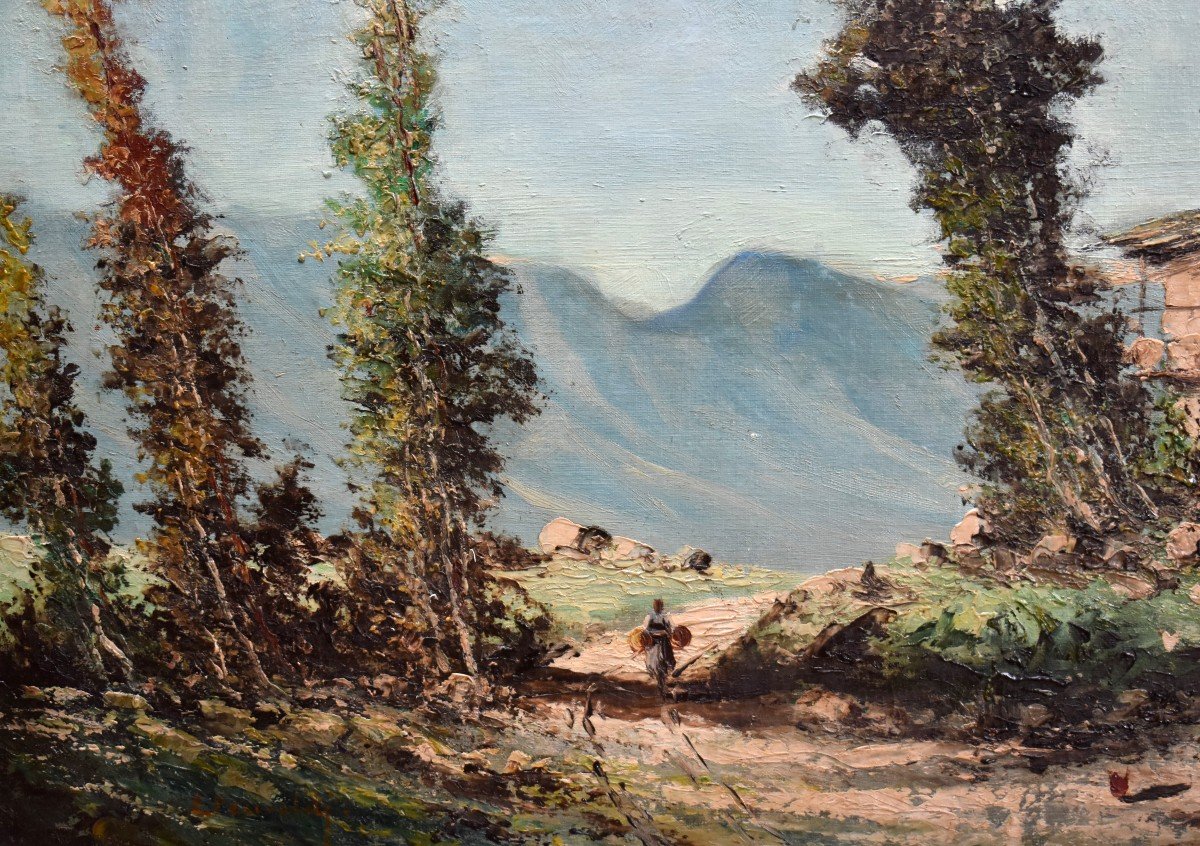 Percivaldi Ettoré, Large Painting Of An Animated Scene, Farmyard Against A Mountain Background-photo-1