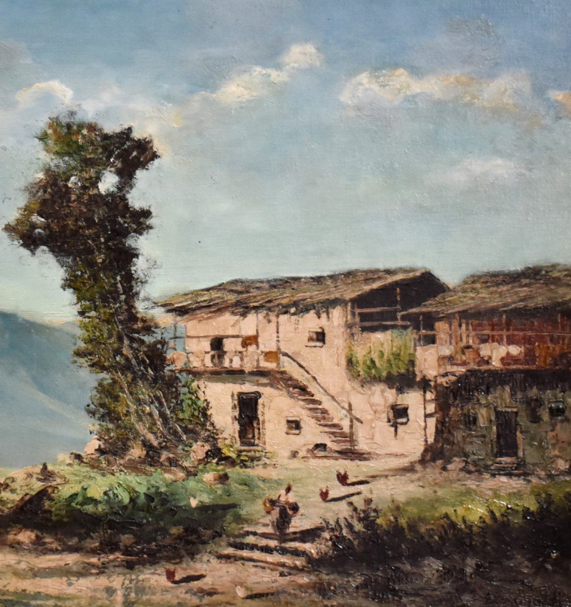 Percivaldi Ettoré, Large Painting Of An Animated Scene, Farmyard Against A Mountain Background-photo-3