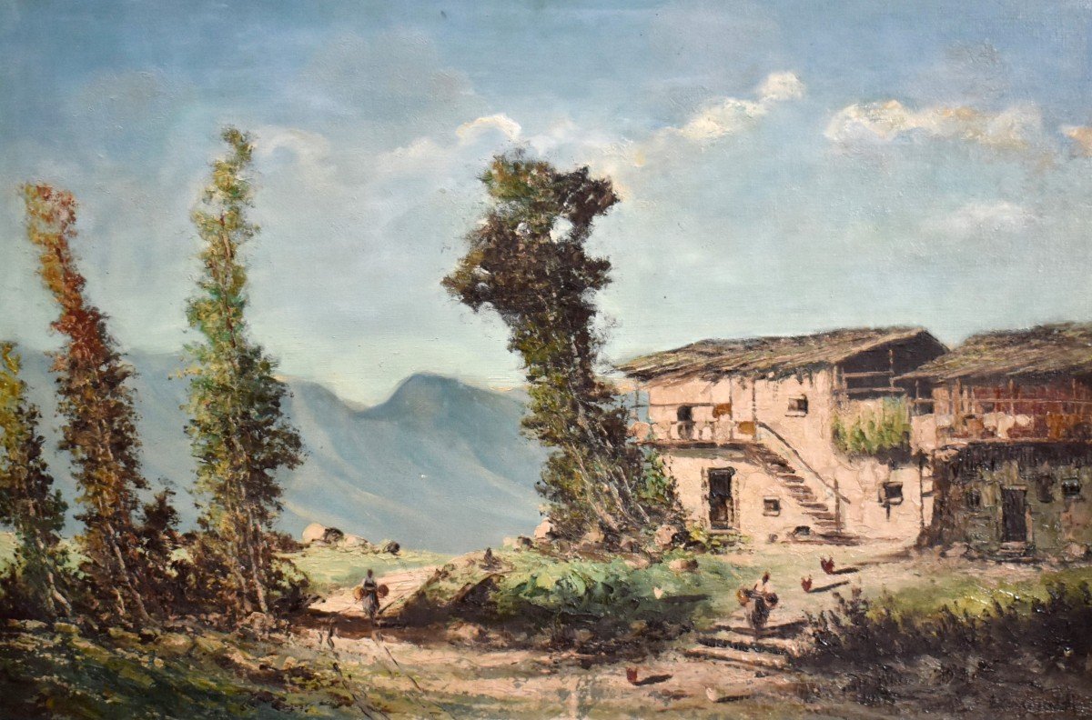 Percivaldi Ettoré, Large Painting Of An Animated Scene, Farmyard Against A Mountain Background