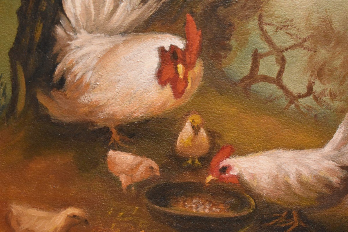 Paire De Tableaux, Animaux De La Ferme Et Basse Cour,  Lapins, Poule , Poussins, Coq, Campagne-photo-3