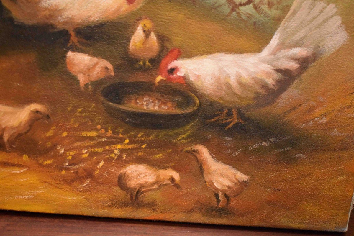 Paire De Tableaux, Animaux De La Ferme Et Basse Cour,  Lapins, Poule , Poussins, Coq, Campagne-photo-4