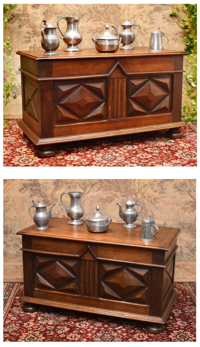 Small Louis XIII Style Chest In Walnut, Diamond Point Decor And Ball Feet.-photo-2