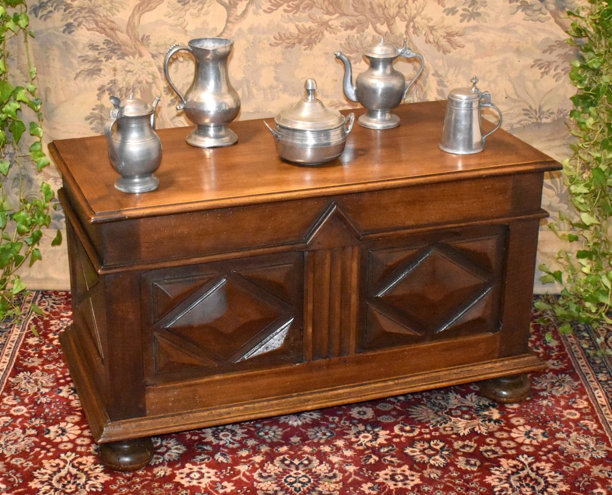 Small Louis XIII Style Chest In Walnut, Diamond Point Decor And Ball Feet.-photo-3