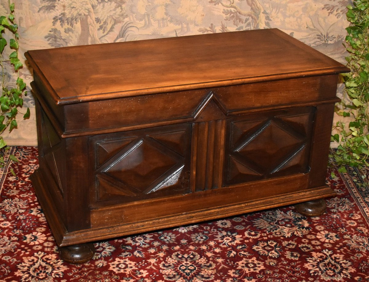 Small Louis XIII Style Chest In Walnut, Diamond Point Decor And Ball Feet.-photo-4