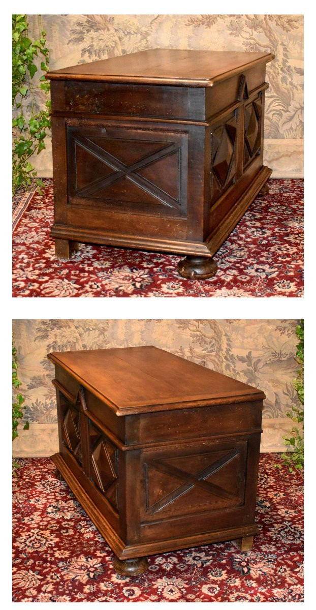 Small Louis XIII Style Chest In Walnut, Diamond Point Decor And Ball Feet.-photo-2