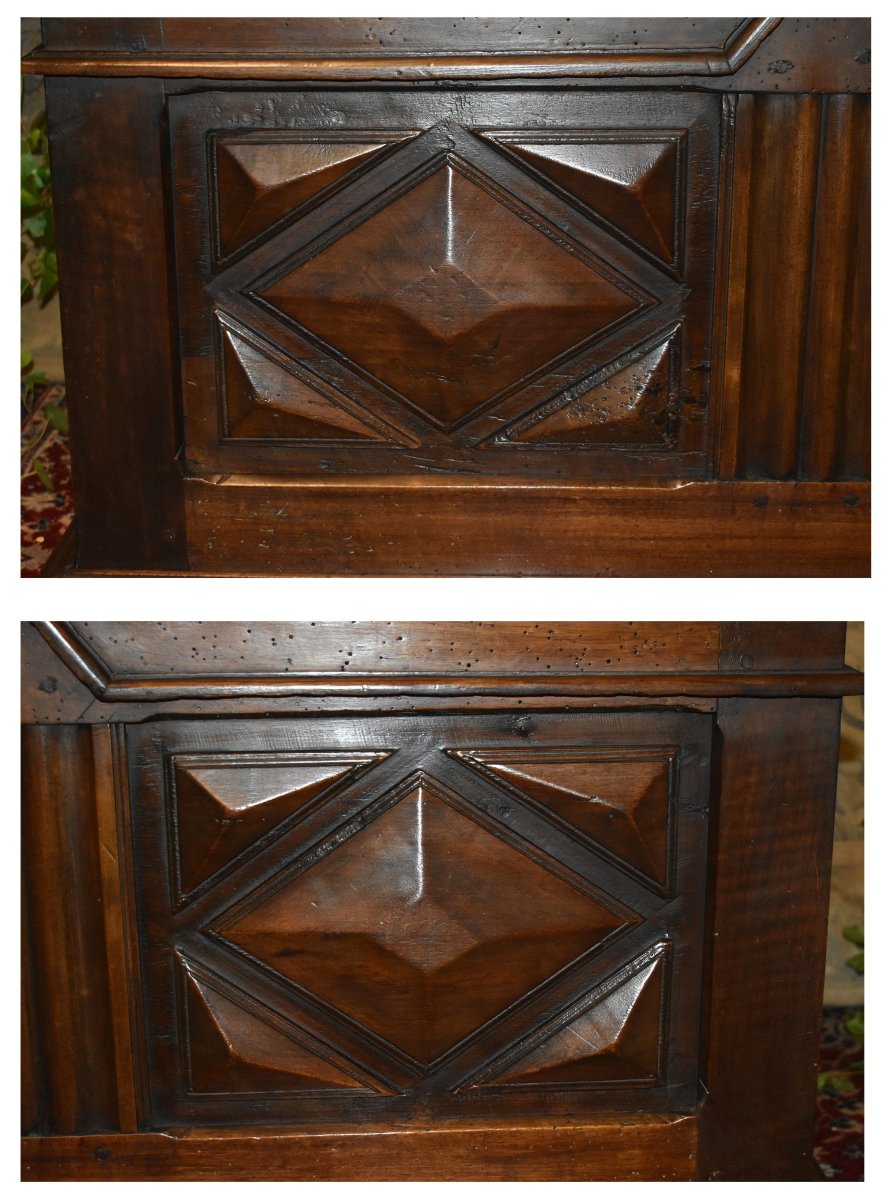 Small Louis XIII Style Chest In Walnut, Diamond Point Decor And Ball Feet.-photo-3