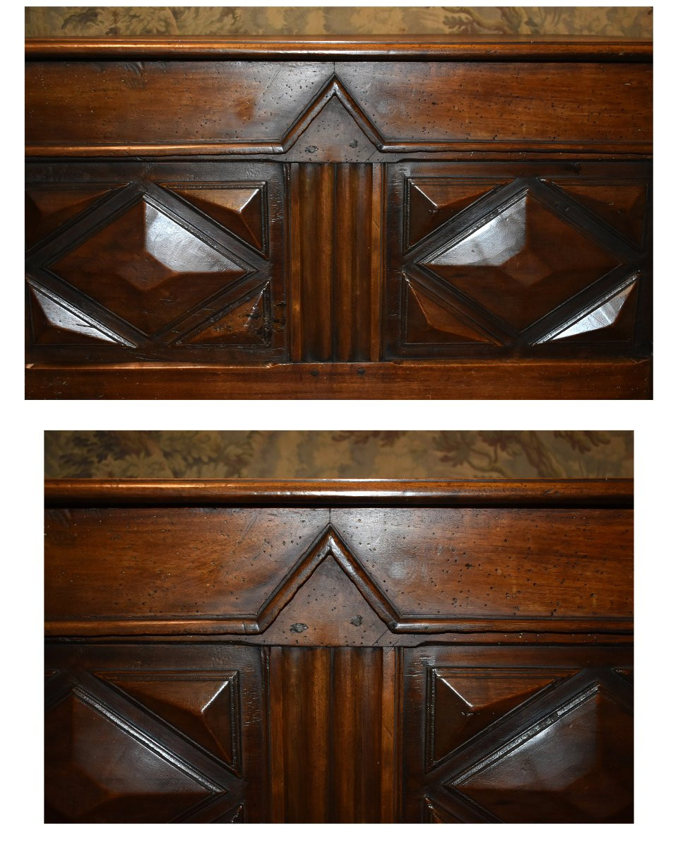 Small Louis XIII Style Chest In Walnut, Diamond Point Decor And Ball Feet.-photo-4