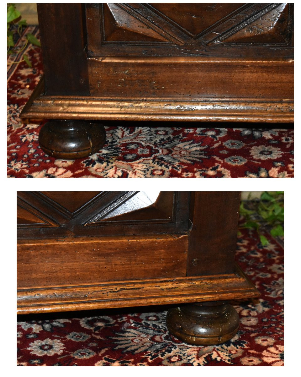 Small Louis XIII Style Chest In Walnut, Diamond Point Decor And Ball Feet.-photo-5