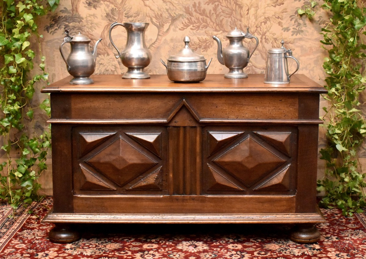 Small Louis XIII Style Chest In Walnut, Diamond Point Decor And Ball Feet.