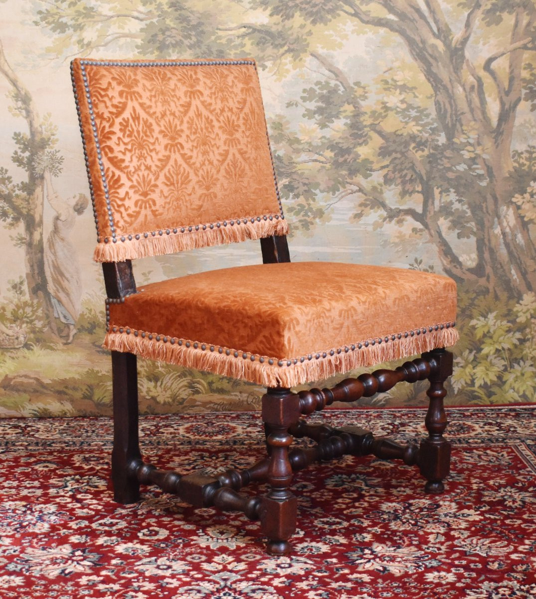 Pair Of Louis XIII Style Chairs With Flat And Short Backs In Walnut, 19th Century, Velvet Fabric-photo-1