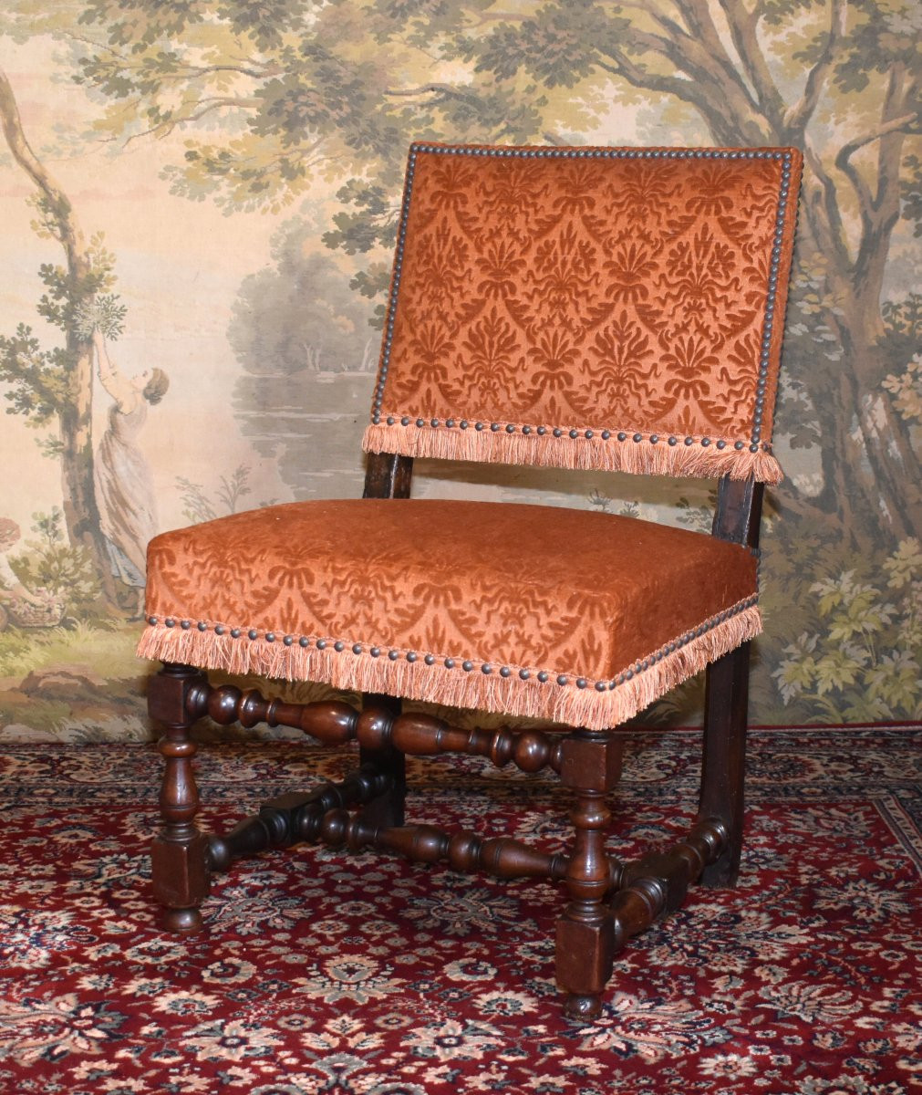 Pair Of Louis XIII Style Chairs With Flat And Short Backs In Walnut, 19th Century, Velvet Fabric-photo-2