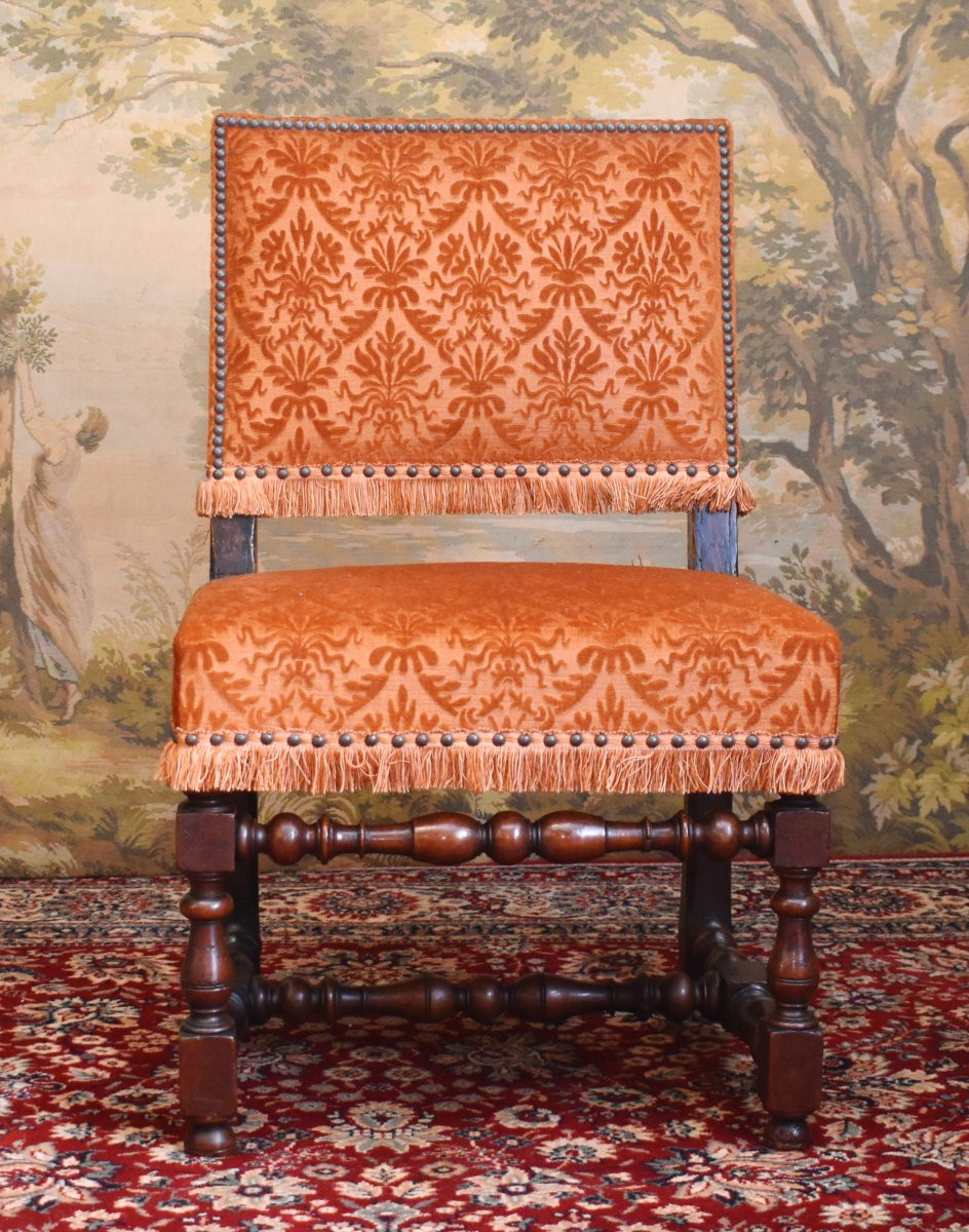 Pair Of Louis XIII Style Chairs With Flat And Short Backs In Walnut, 19th Century, Velvet Fabric-photo-3