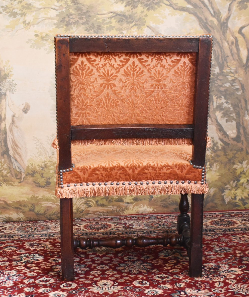 Pair Of Louis XIII Style Chairs With Flat And Short Backs In Walnut, 19th Century, Velvet Fabric-photo-4