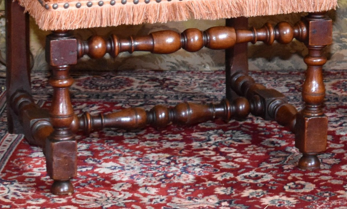 Pair Of Louis XIII Style Chairs With Flat And Short Backs In Walnut, 19th Century, Velvet Fabric-photo-5