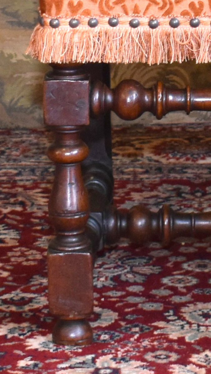 Pair Of Louis XIII Style Chairs With Flat And Short Backs In Walnut, 19th Century, Velvet Fabric-photo-6