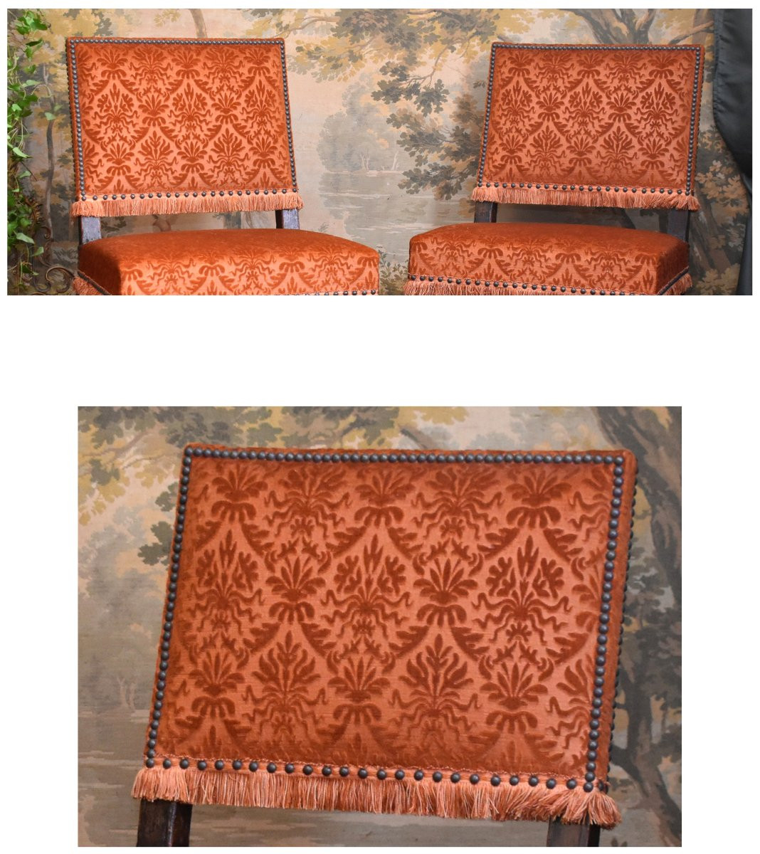 Pair Of Louis XIII Style Chairs With Flat And Short Backs In Walnut, 19th Century, Velvet Fabric-photo-7