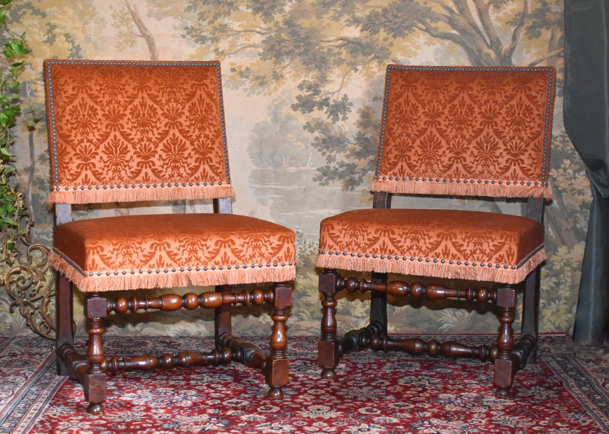 Pair Of Louis XIII Style Chairs With Flat And Short Backs In Walnut, 19th Century, Velvet Fabric