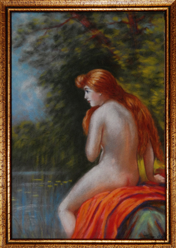 Nu féminin , Pastel Encadré, Antoine Soustre Limoges , Jeune Femme rousse ,  longs cheveux roux  Nue dans la nature.